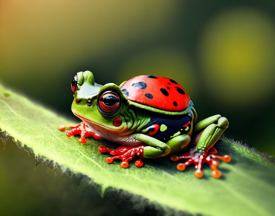 Whimsical digital artwork: Frog with ladybug wings on green leaf