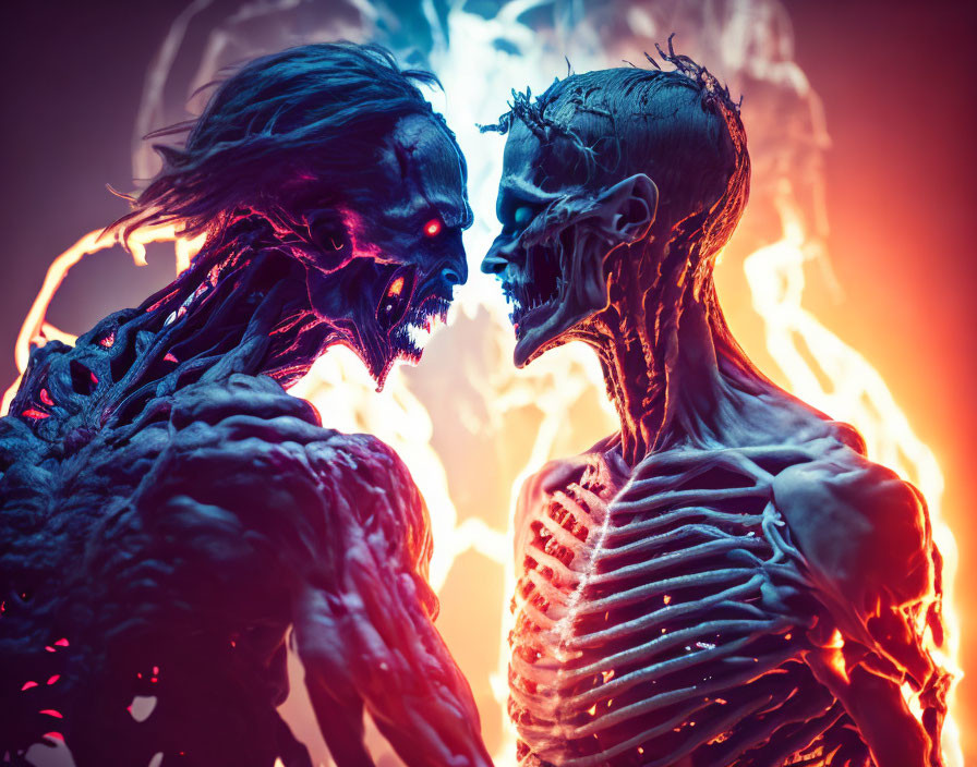 Detailed skeletal zombie figures in dramatic lighting facing each other with fiery backdrop