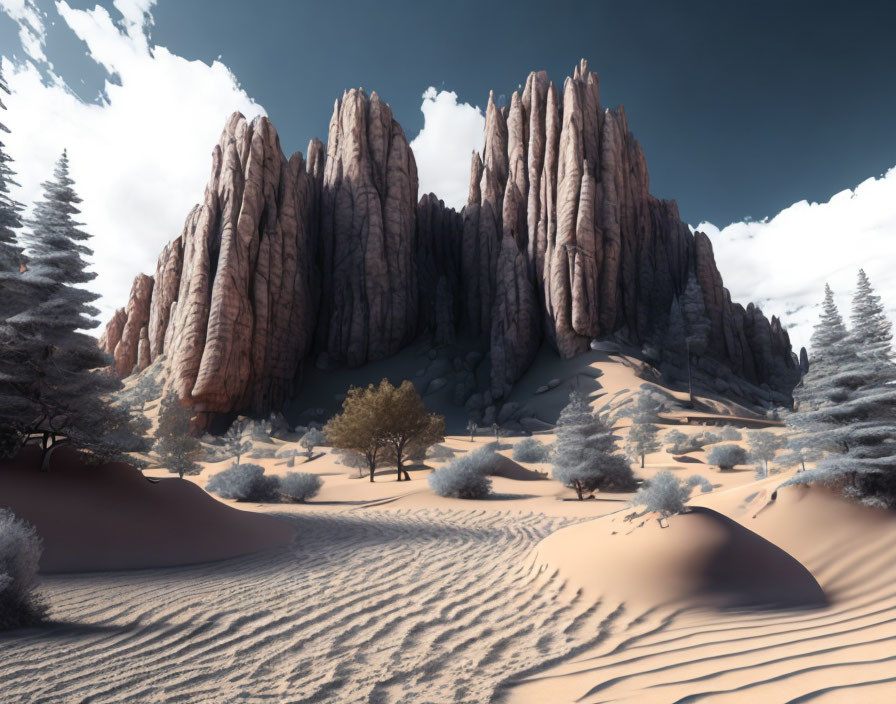 Majestic desert landscape with rock formations, sand dunes, and snow-dusted trees