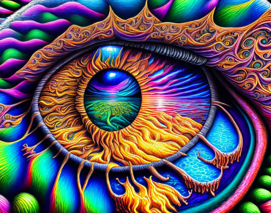 Colorful psychedelic eye surrounded by abstract patterns and textures