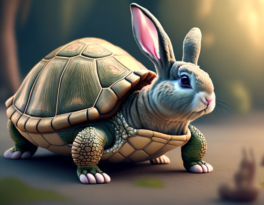 Illustration of rabbit with turtle shell in forest clearing