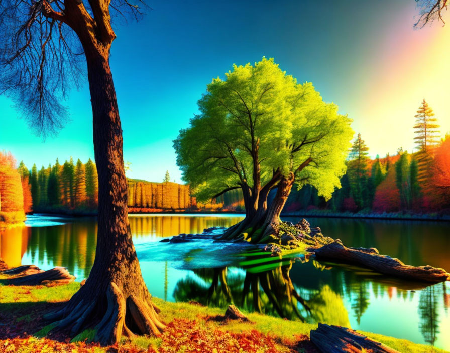 Serene lake landscape with vibrant tree on island