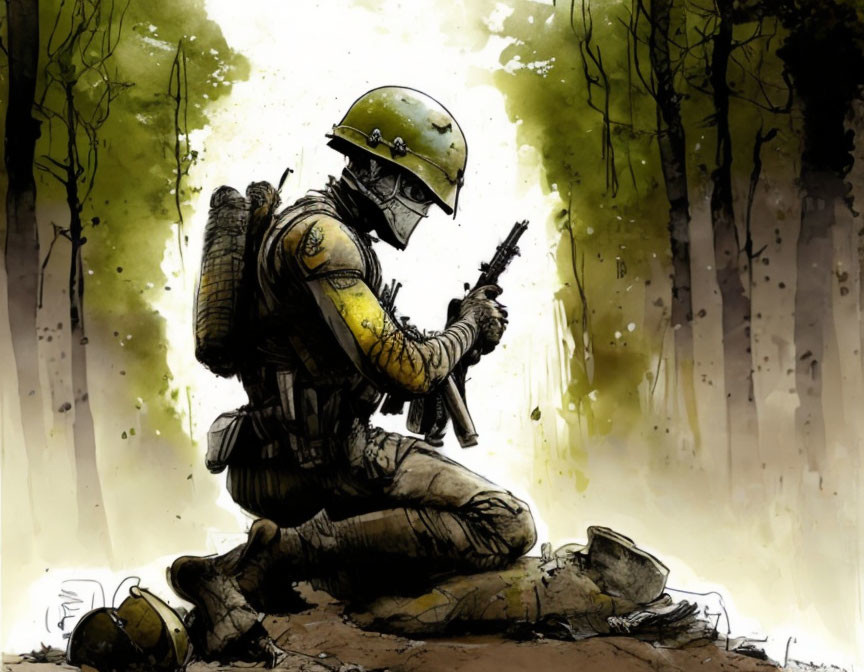 Soldier in combat gear kneeling in forest with handgun, desaturated colors, illustrated style