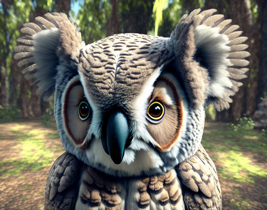 Stylized animated owl with orange eyes in forest setting