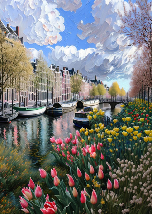 Amsterdam canal painting with tulips, boats, and Dutch houses