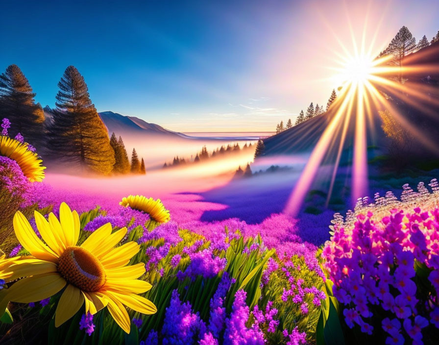 Scenic landscape with sunbeams, flowers, and misty valley