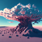 Surreal tree with fluffy round tops in desert landscape