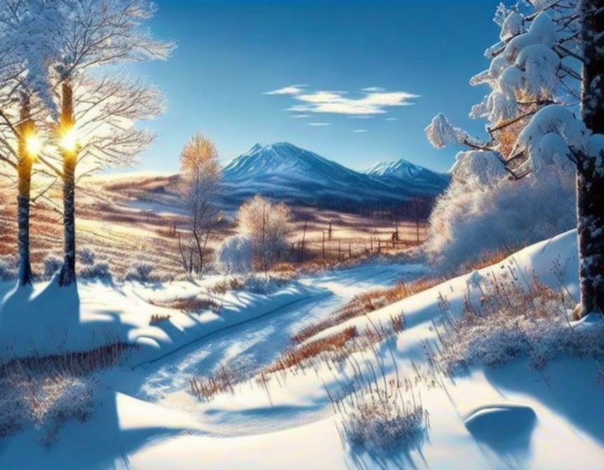 Snow-covered winter landscape with sunlit trees and mountains