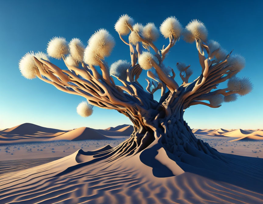 Surreal tree with fluffy round tops in desert landscape