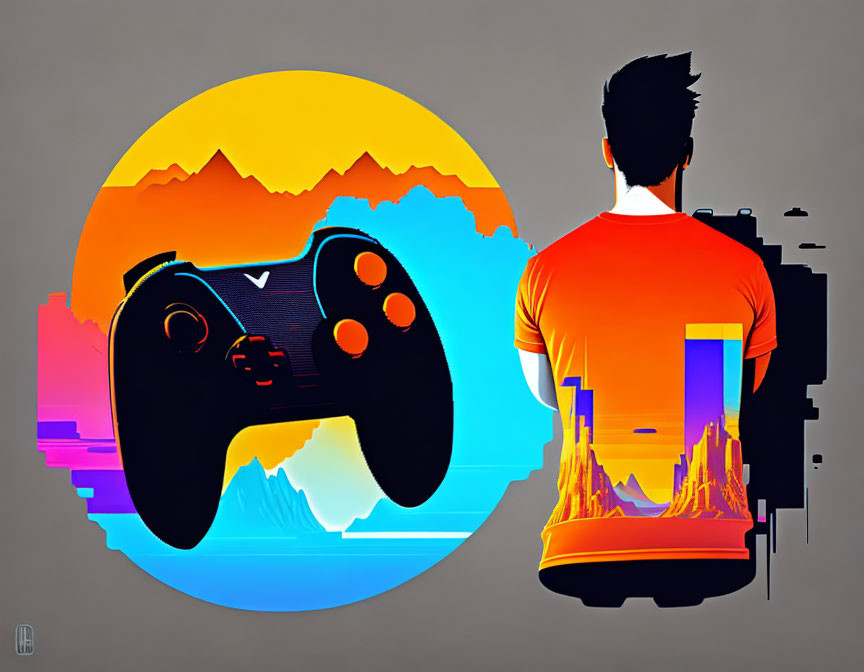 Stylized digital art: Person in orange shirt with game controller in abstract landscape