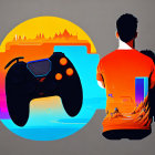 Stylized digital art: Person in orange shirt with game controller in abstract landscape