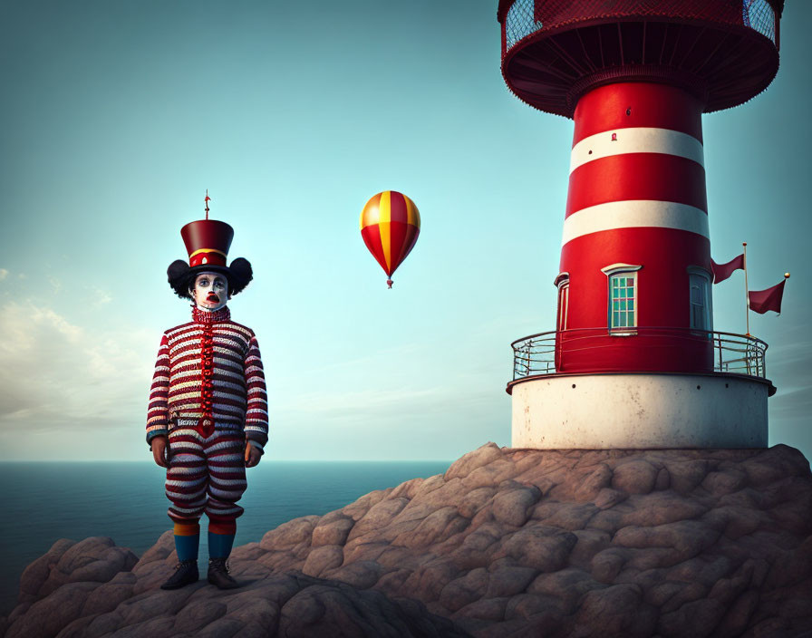 Whimsical clown with striped outfit near red and white lighthouse