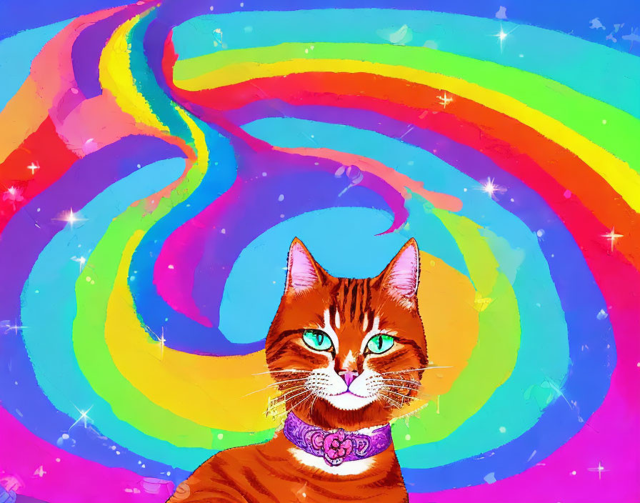 Colorful Cat Illustration with Rainbow and Stars Background