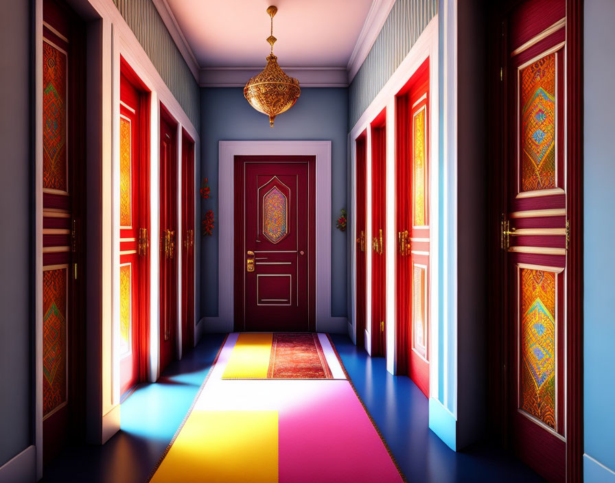 Vibrant hallway with ornate doors, patterned walls, chandelier, and colorful carpet