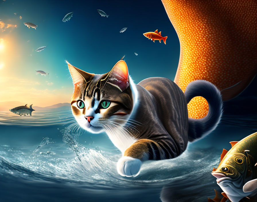 Giant cat walking on water with fish under dramatic sky