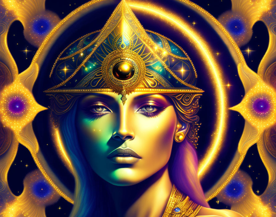 Illustration: Woman with mystical third eye, golden jewelry, cosmic motifs.