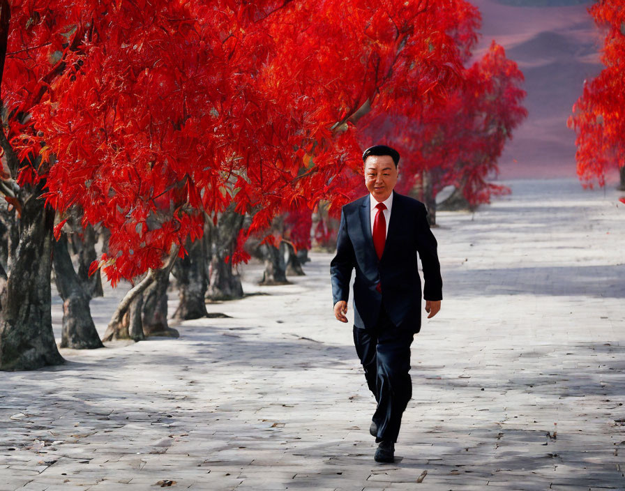 Man in Suit Walking Down Cobblestone Path with Red Trees