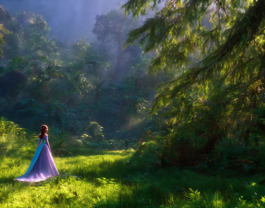 Tranquil forest setting with woman in blue dress under soft sunlight