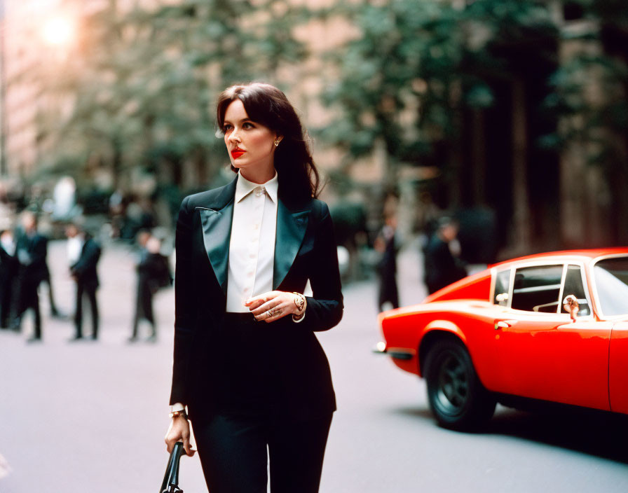 Stylish woman in black blazer walking on city street with red vintage car