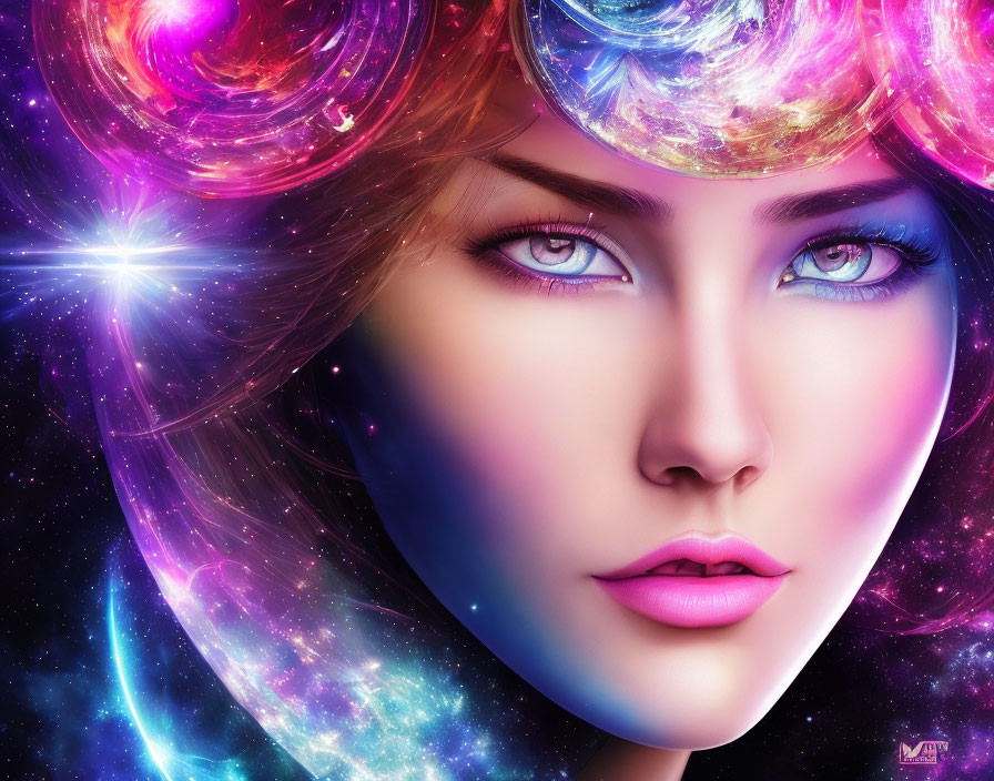 Cosmic-themed makeup on woman's face in digital art