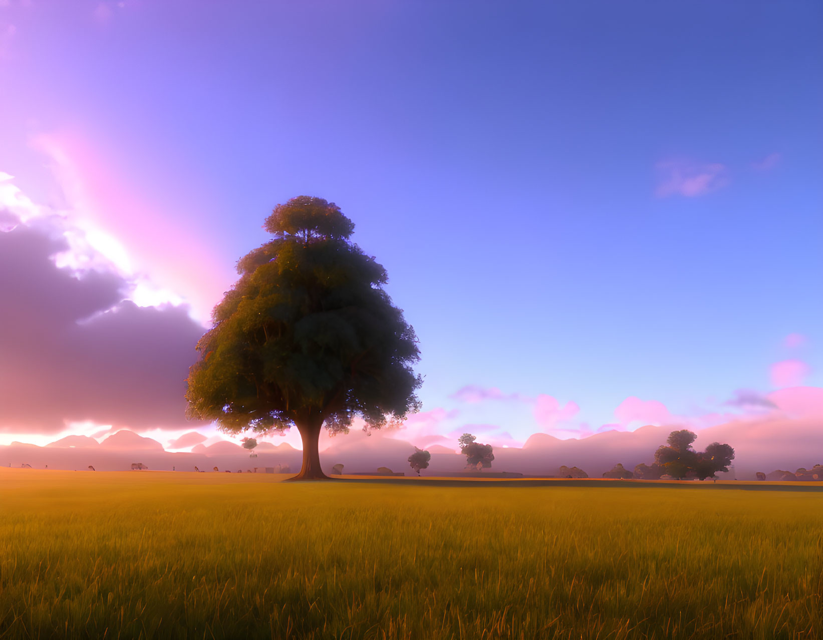 Golden field at dusk with solitary tree under pink and purple sky.