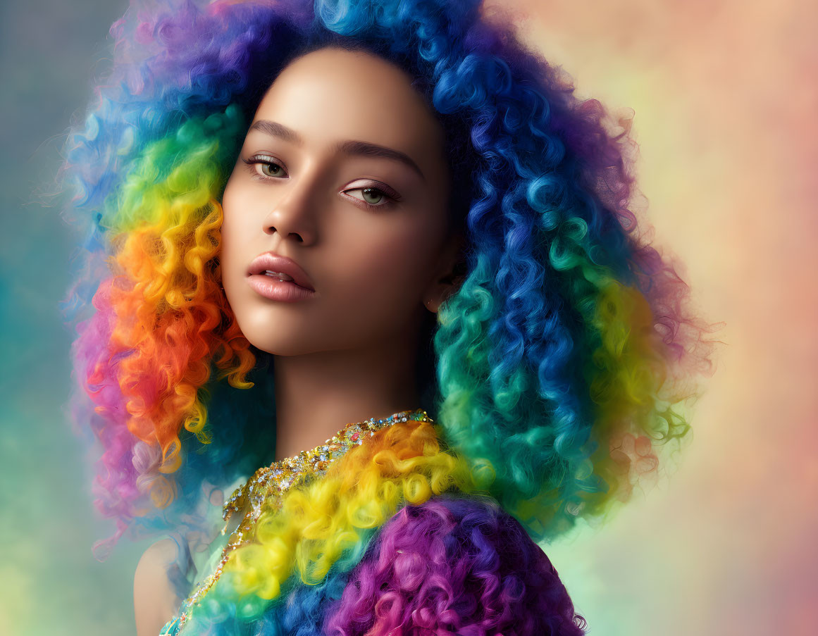 Colorful Rainbow Curly Hair Woman with Beaded Necklace