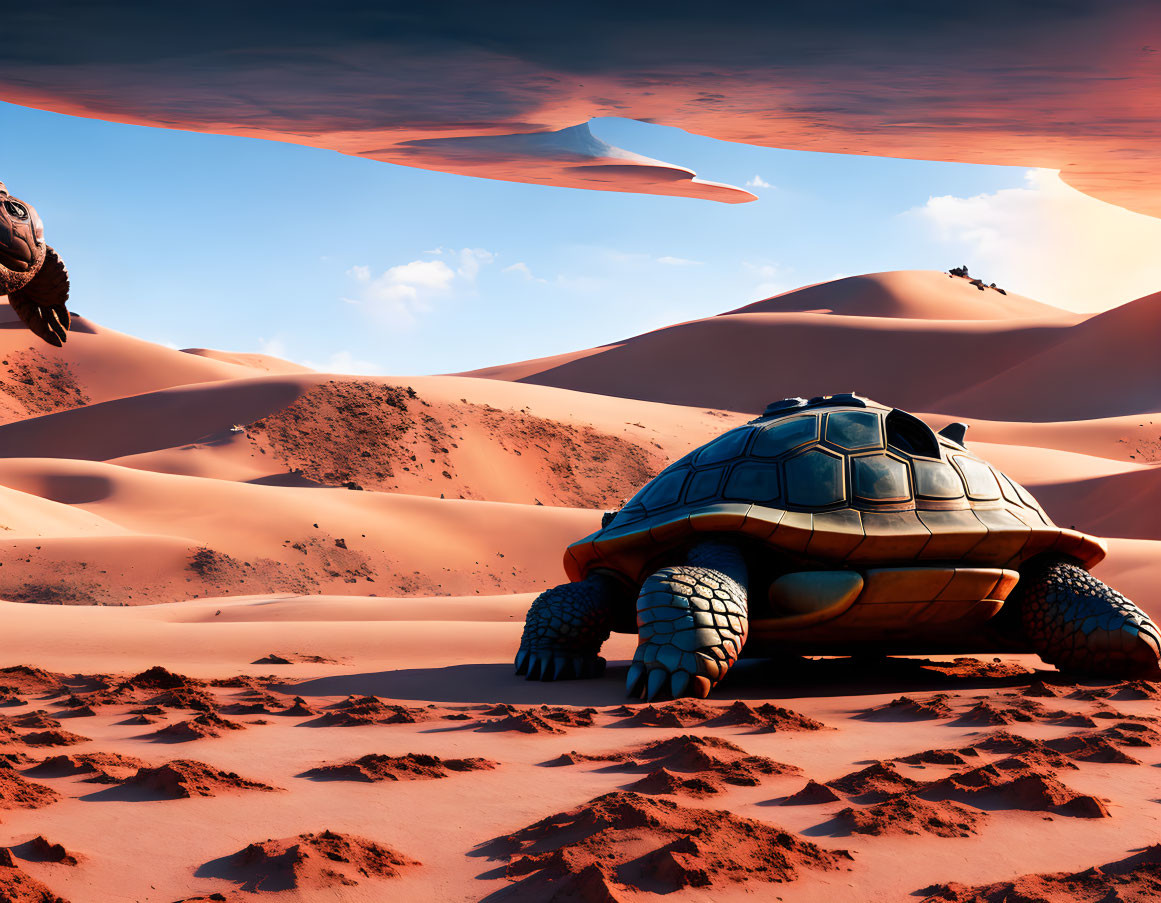 Futuristic turtle-shaped vehicle in desert landscape with floating rock formations