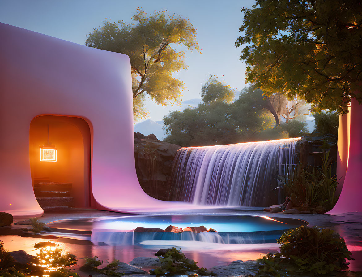 Surreal glowing waterfall in futuristic landscape