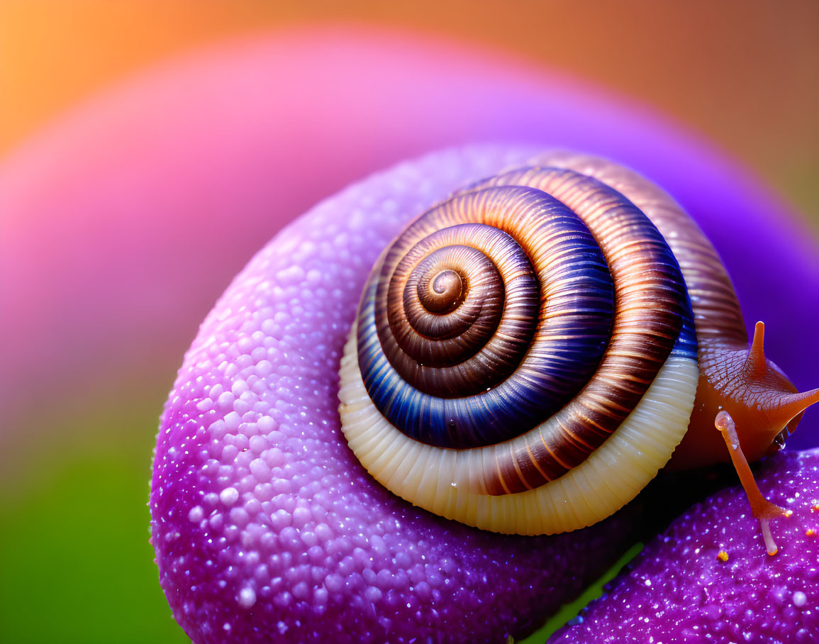 Snail with Spiral Shell on Dewy Purple Surface