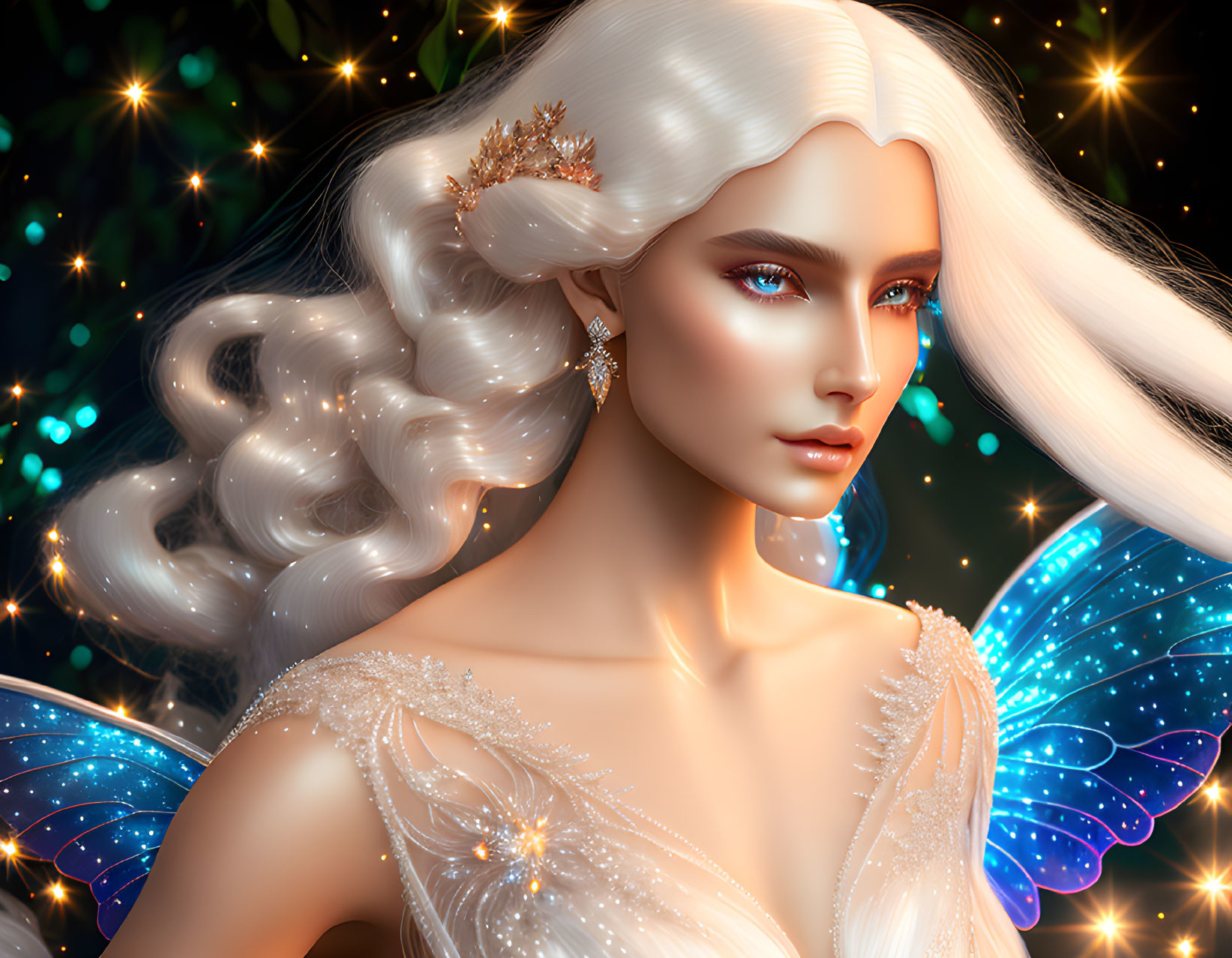 Fantastical woman with iridescent butterfly wings in a starry setting