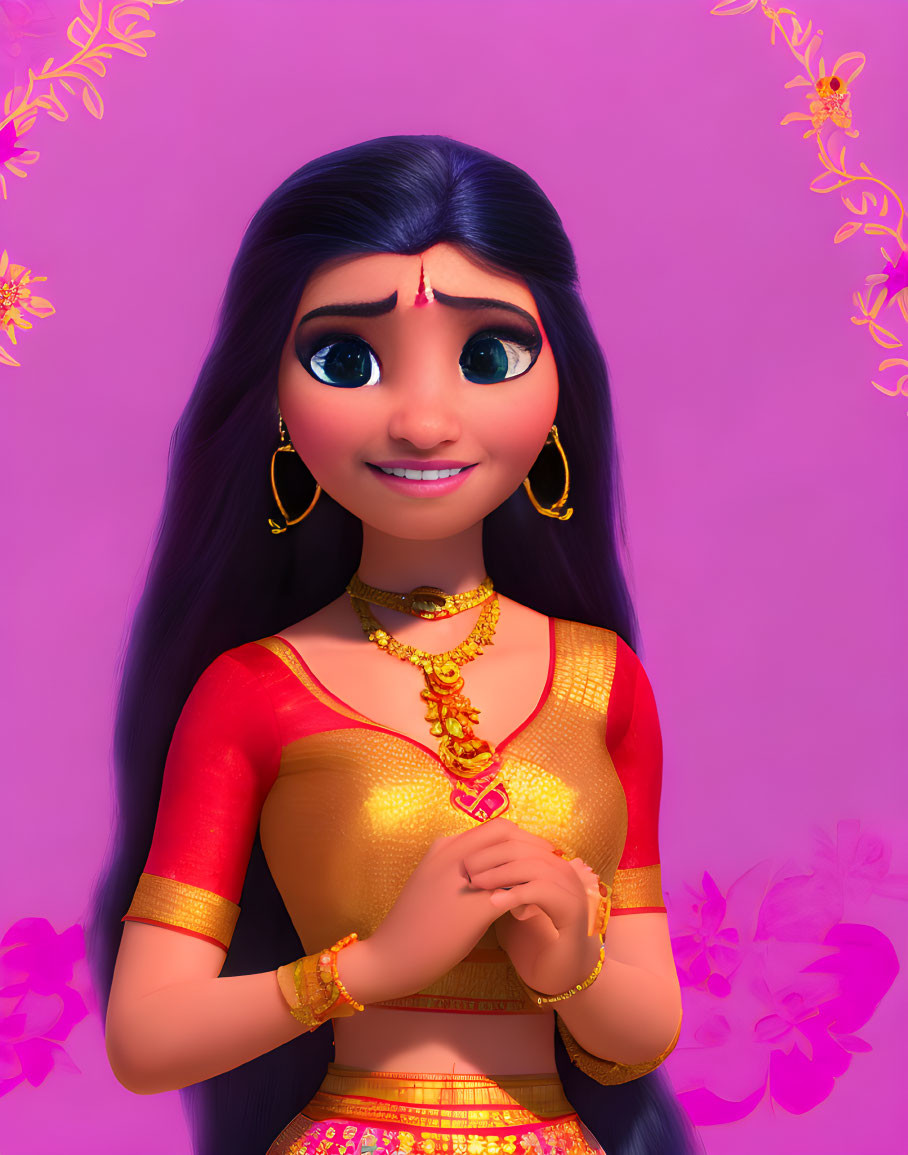 3D animated female character in South Asian attire on pink floral background