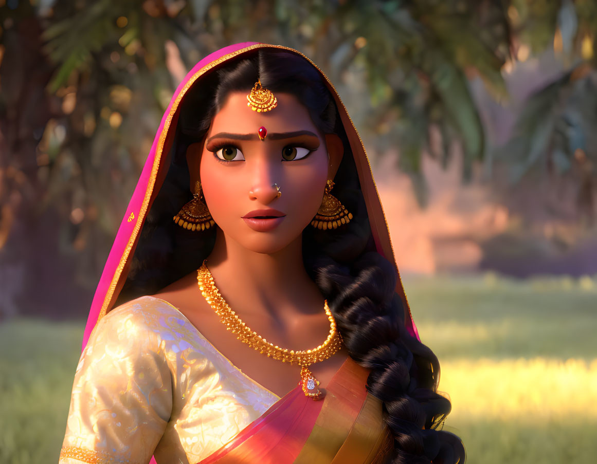 Traditional Indian Outfit Woman in Animated Serene Setting