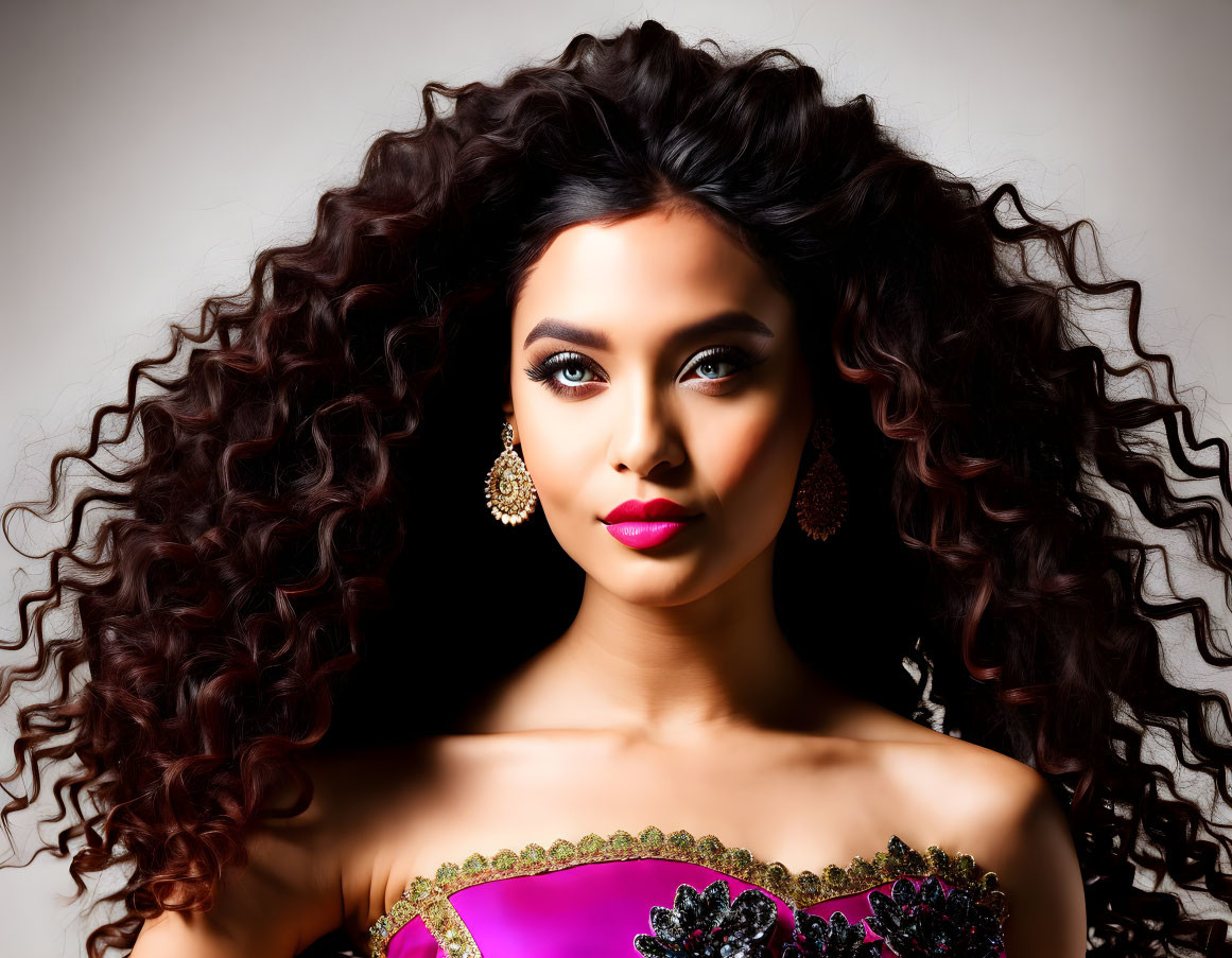 Curly-haired woman in dramatic makeup and purple dress with large earrings