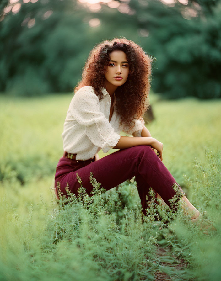 Curly-haired woman in white blouse and maroon pants gazes at the camera among greenery