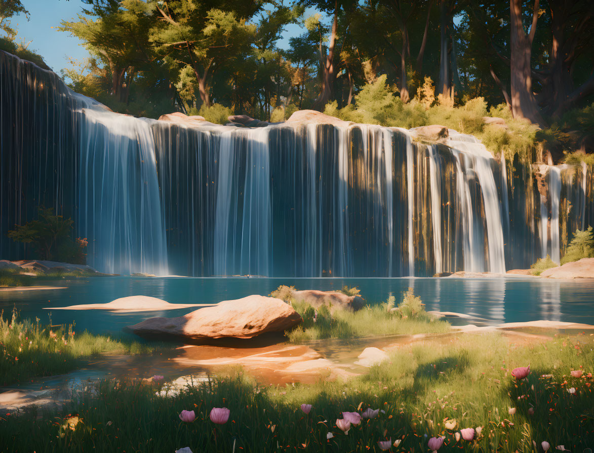 Tranquil waterfall scene with lush surroundings