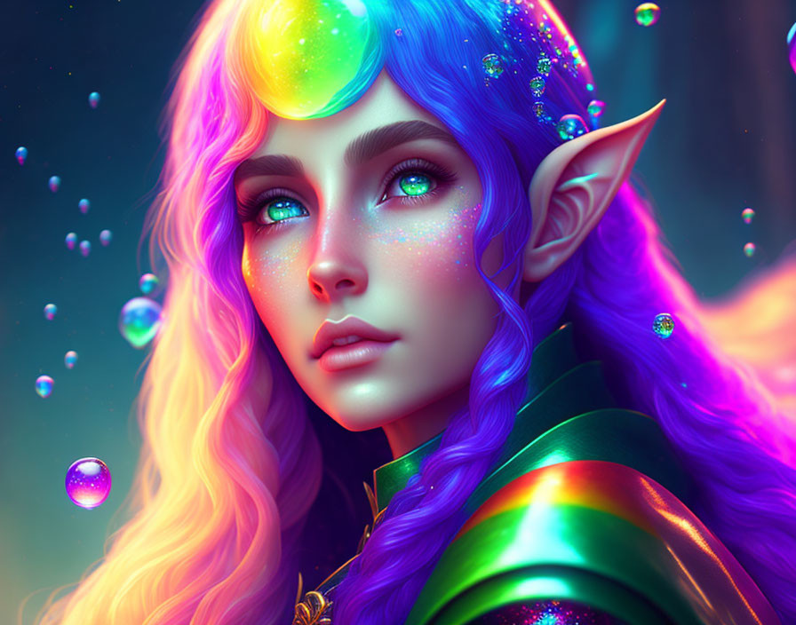 Fantastical female elf with multicolored hair in magical scene