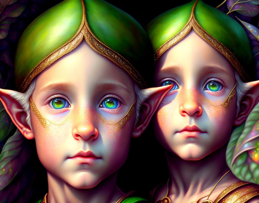 Fantasy elf children with blue eyes and golden headpieces on dark background