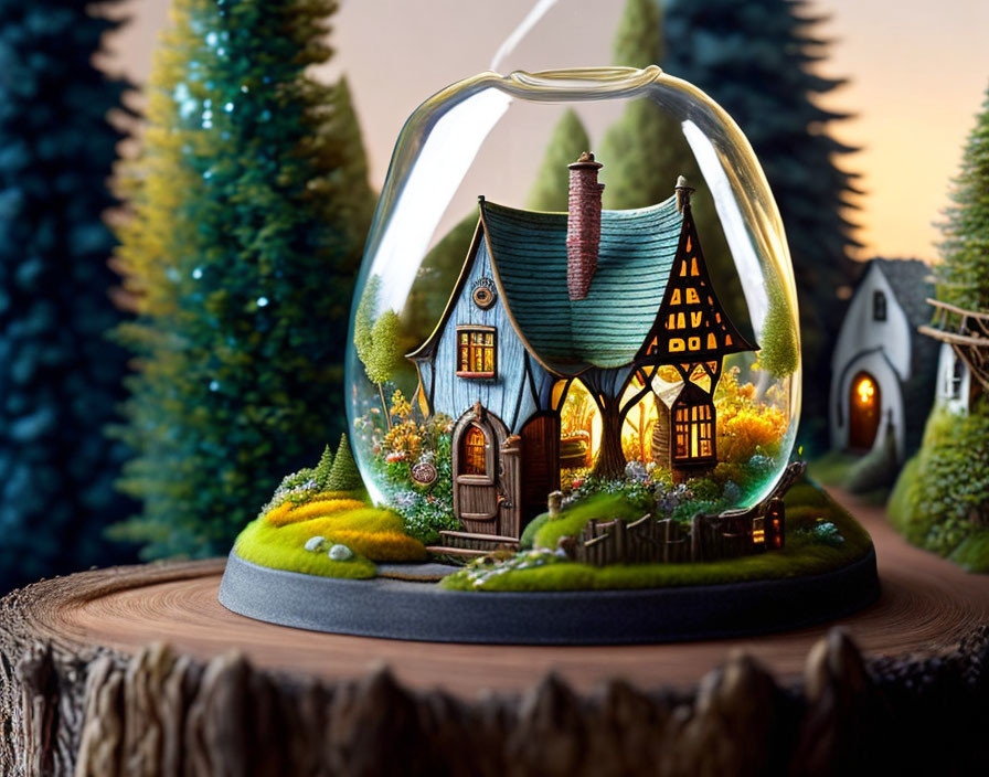 Miniature whimsical village scene in glass dome with glowing house and trees on wooden base