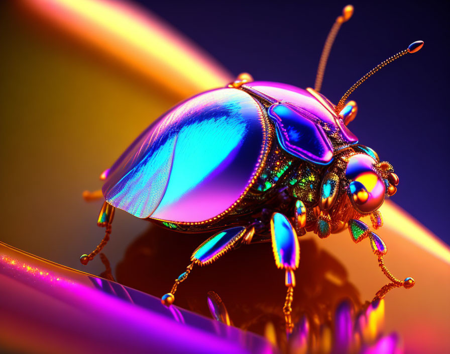 Colorful Metallic Beetle on Golden Surface with Purple-Orange Background