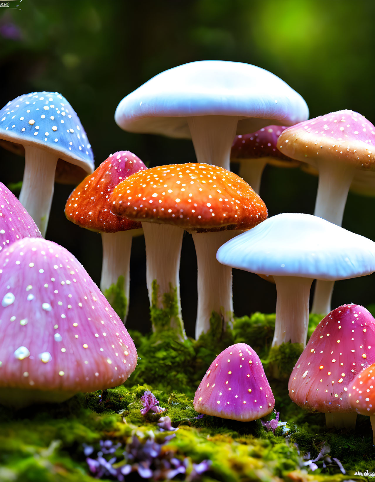 Colorful Dewy Mushrooms in Blue, Orange, and Pink on Mossy Background