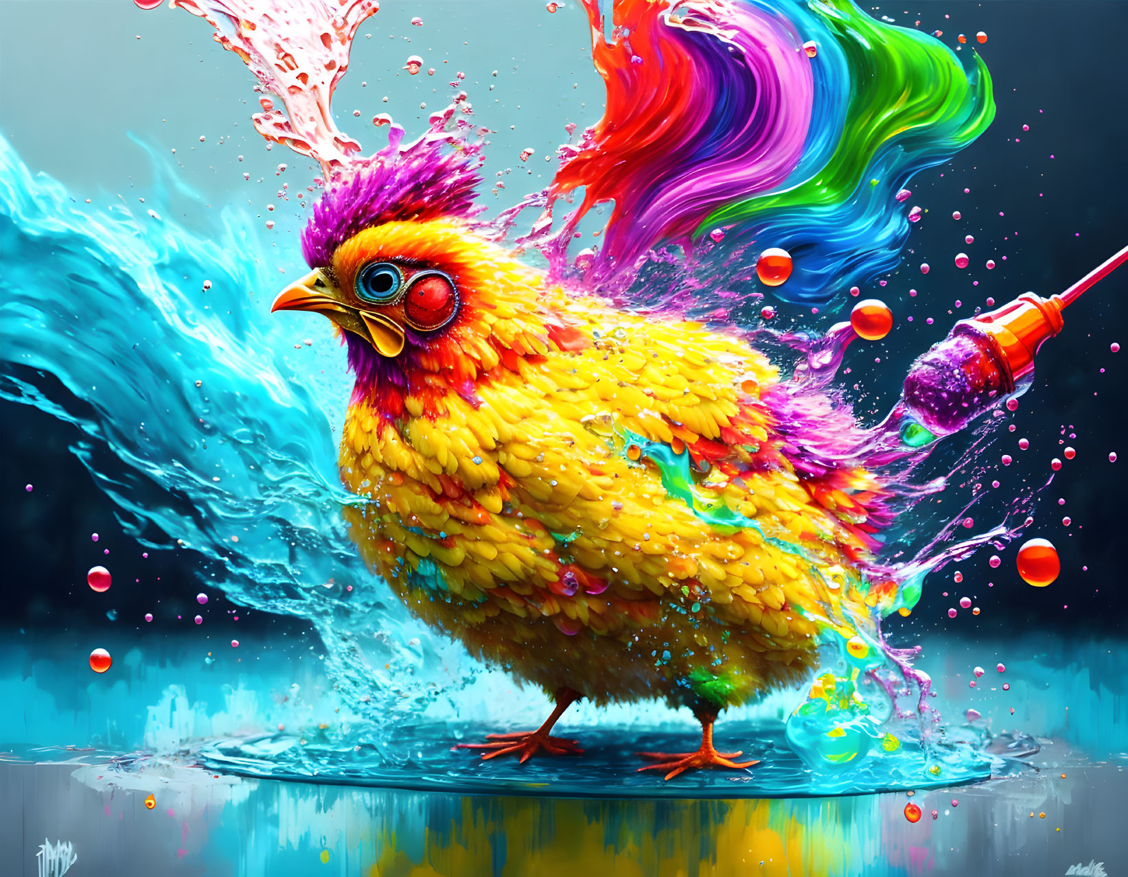 Colorful bird illustration painted with syringe splashes.