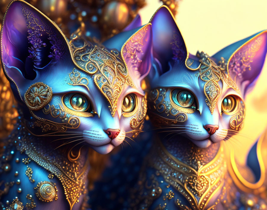 Ornate fantastical cats with golden patterns and glowing eyes on shimmering background