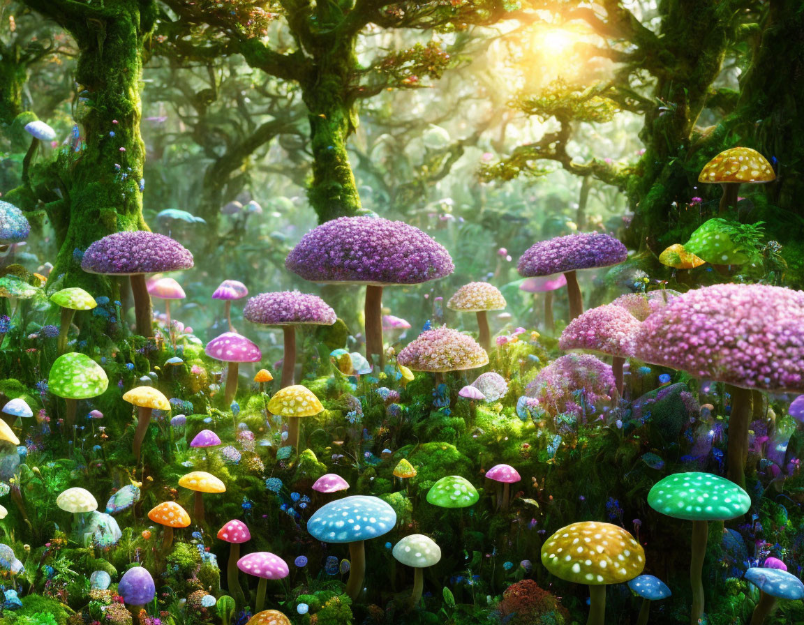 Colorful oversized mushrooms in vibrant enchanted forest