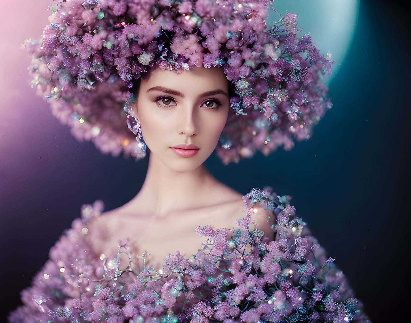 Woman in Lavish Floral Attire Against Moody Background