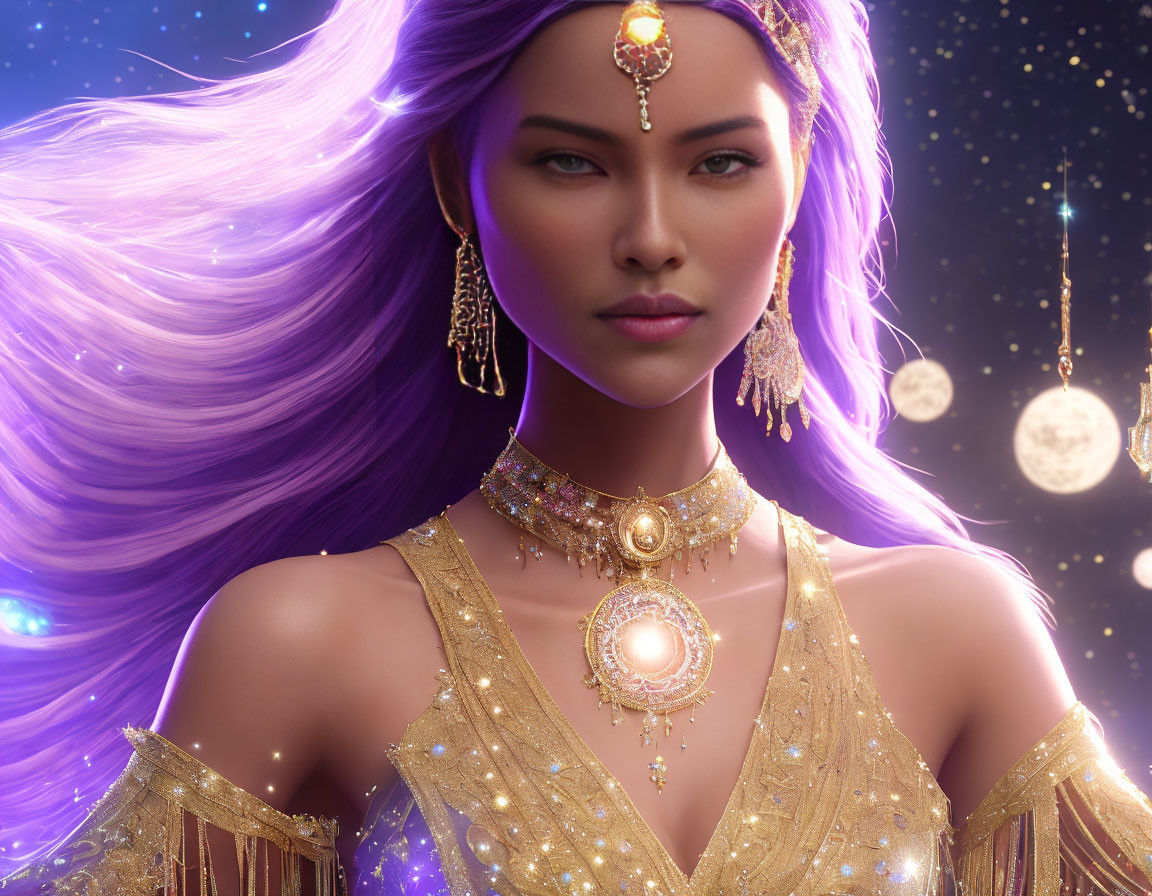 Digital Artwork: Woman with Purple Hair & Golden Jewelry on Starry Background