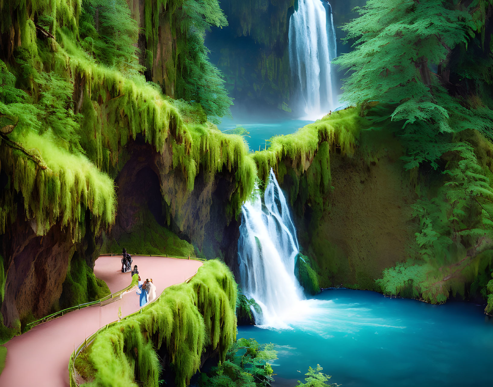 Tranquil waterfall in lush forest with turquoise pool and footpath