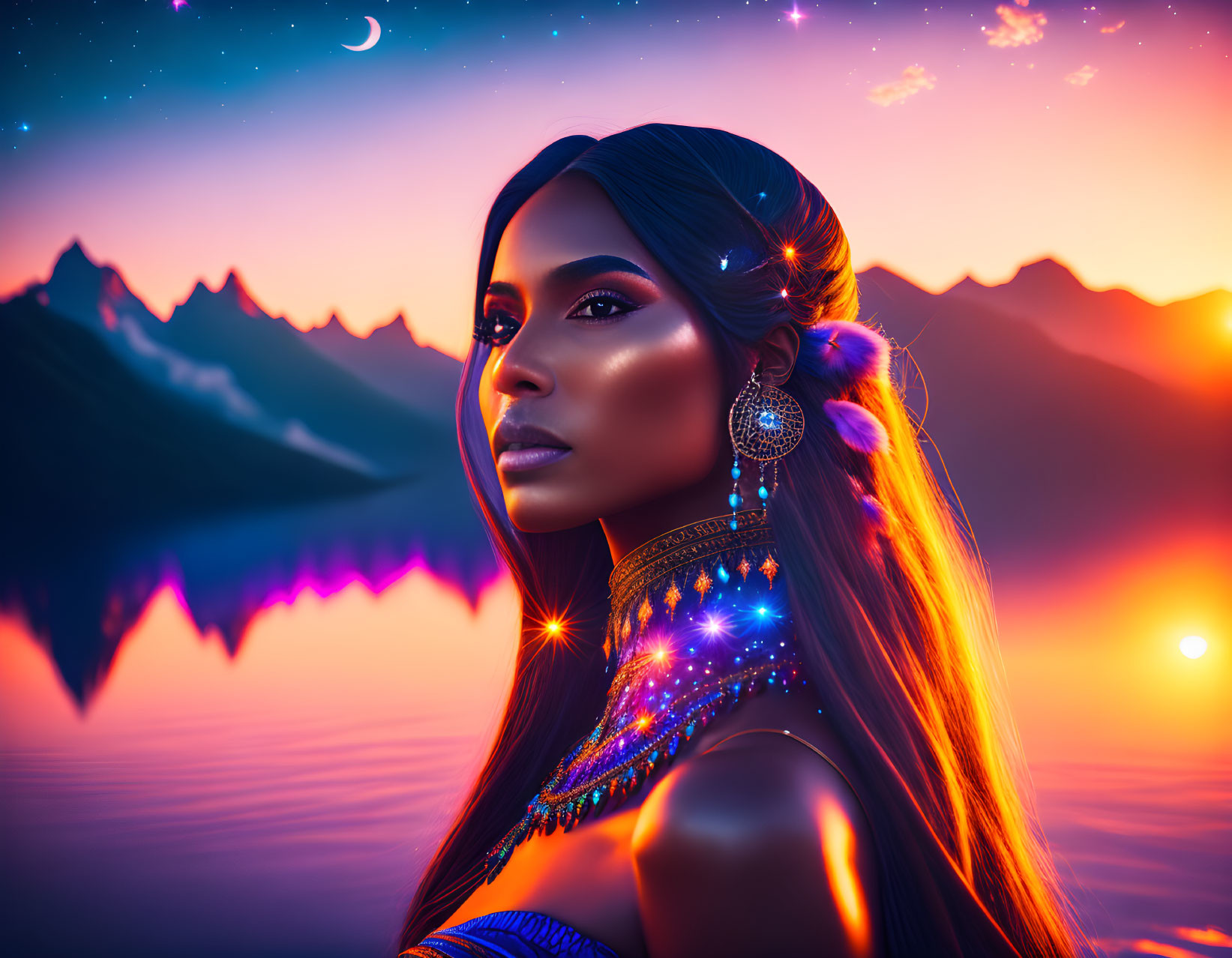 Digital portrait of woman with glowing jewelry at vibrant sunset over mountains, water, crescent moon, and