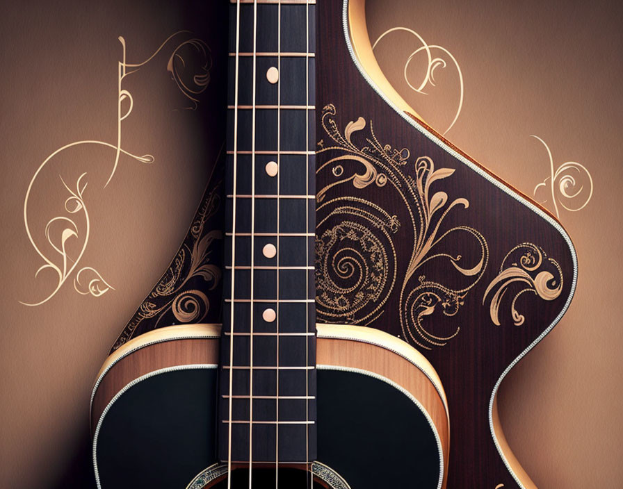 Intricate Inlay Patterns on Ornate Acoustic Guitar