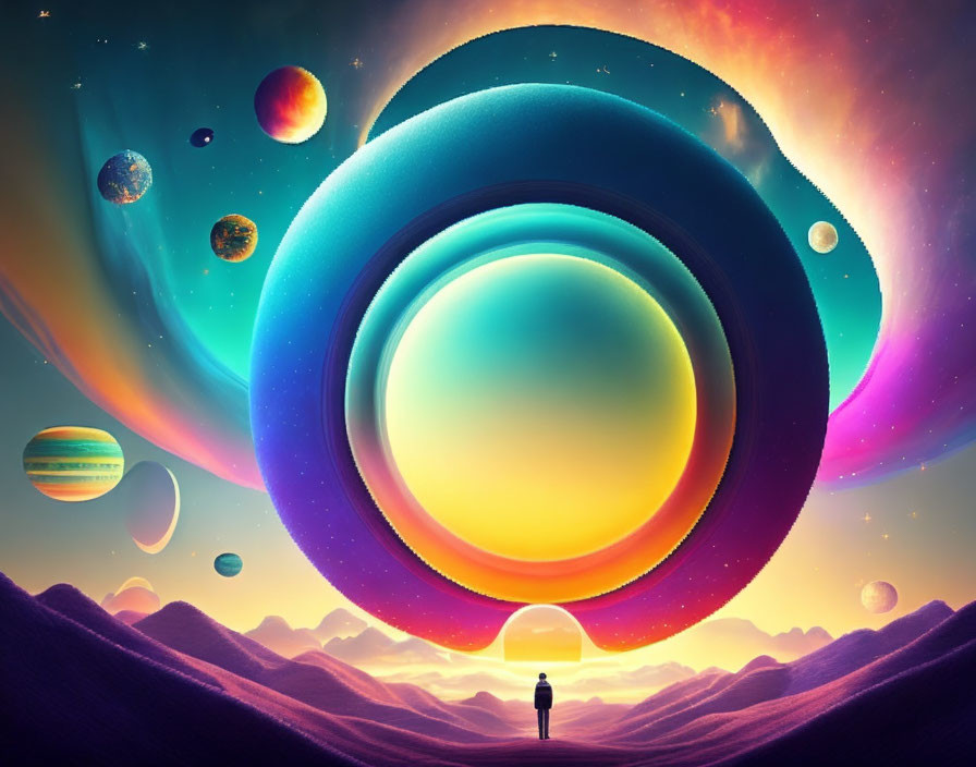 Person in Surreal Cosmic Setting with Planets and Moons