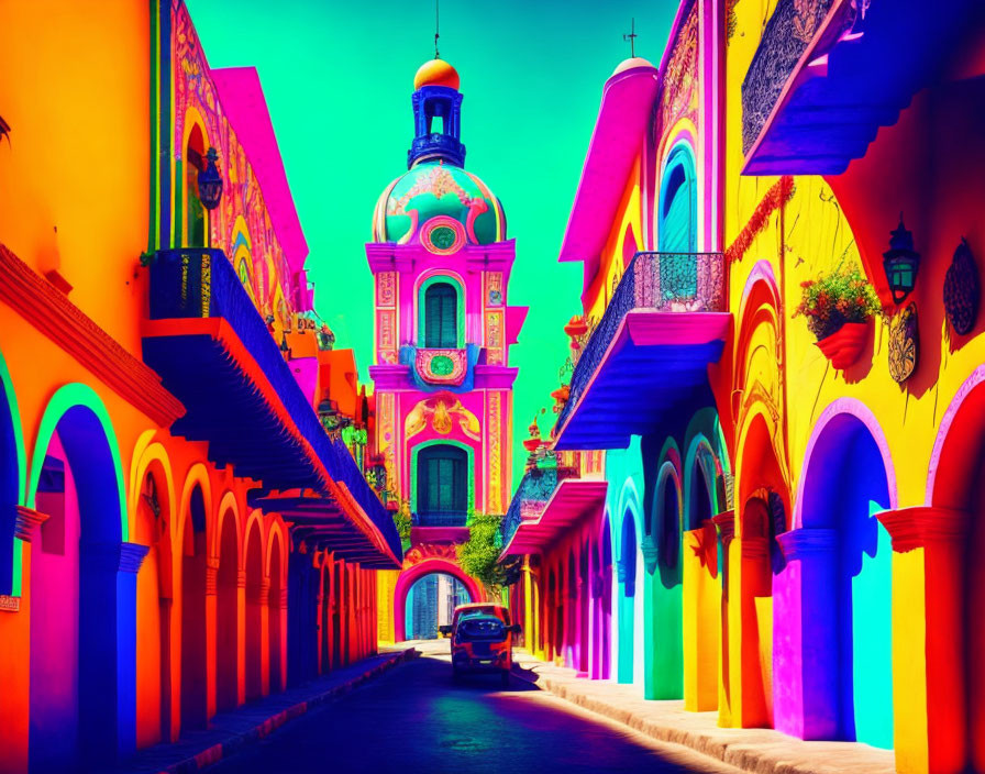 Colorful street scene with church, clock tower, and cobblestone road.